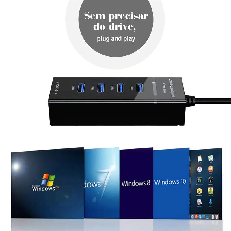 Extensor de Hub USB de 4 Portas,Velocidade Rápida, Divisor, Alimentação do Adaptador, 4 em 1, Estação de acoplamento, Cabo USB