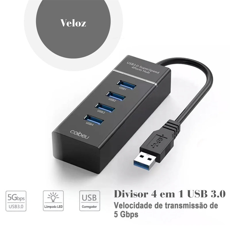 Extensor de Hub USB de 4 Portas,Velocidade Rápida, Divisor, Alimentação do Adaptador, 4 em 1, Estação de acoplamento, Cabo USB