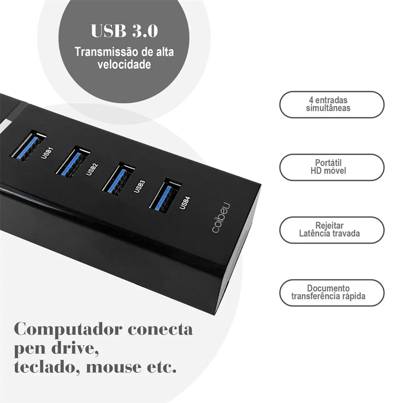 Extensor de Hub USB de 4 Portas,Velocidade Rápida, Divisor, Alimentação do Adaptador, 4 em 1, Estação de acoplamento, Cabo USB