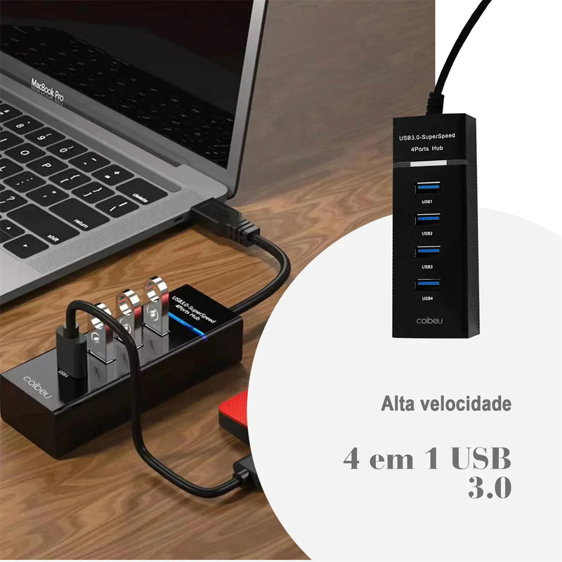 Extensor de Hub USB de 4 Portas,Velocidade Rápida, Divisor, Alimentação do Adaptador, 4 em 1, Estação de acoplamento, Cabo USB