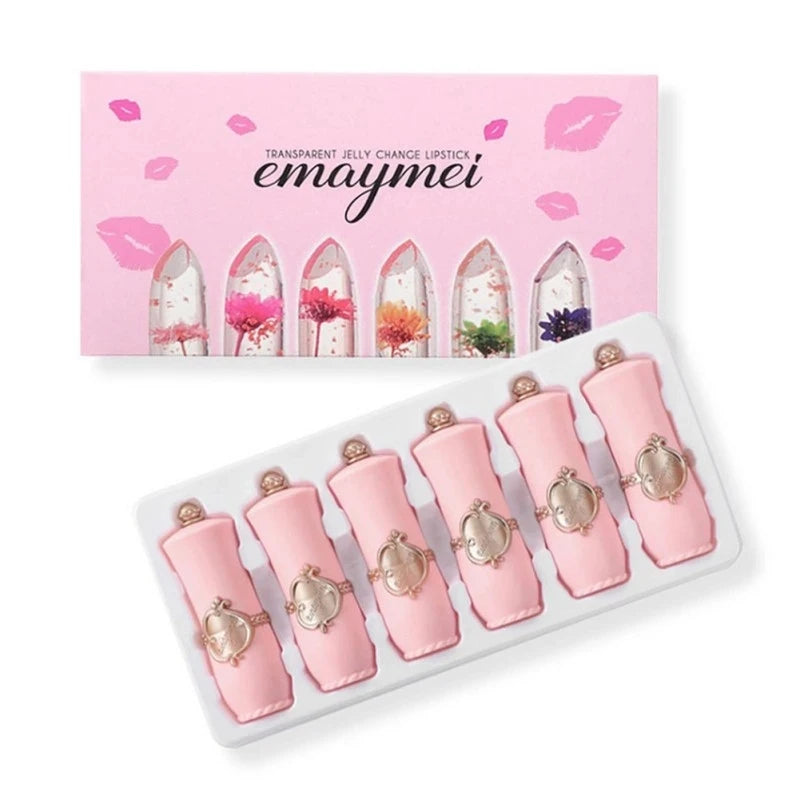 Maquiagem 6pcs Conjunto de Batom Flor Geléia Cristal Transparente Lábios de Longa Duração Mudança de Cor Rosa brilho labial Cosméticos