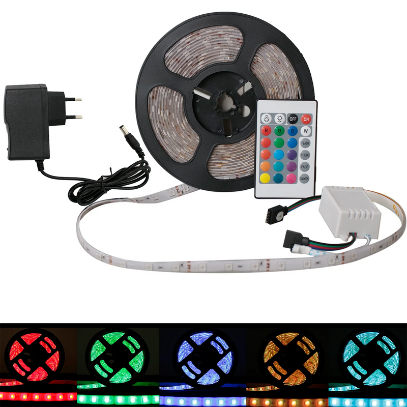 Rolo de Fita Led 5050 Rgb 5m Ip65 + Controle + Fonte 12v Bivol