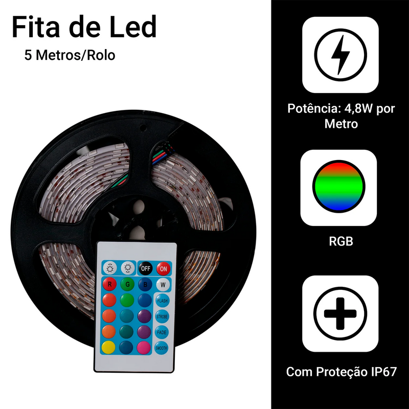 Rolo de Fita Led 5050 Rgb 5m Ip65 + Controle + Fonte 12v Bivol